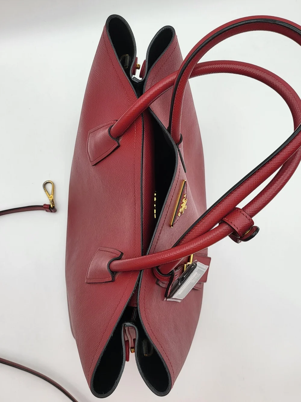 PRADA Saffiano Cuir Medium Double Bag in Fuoco & Black, Authentic w/COA.